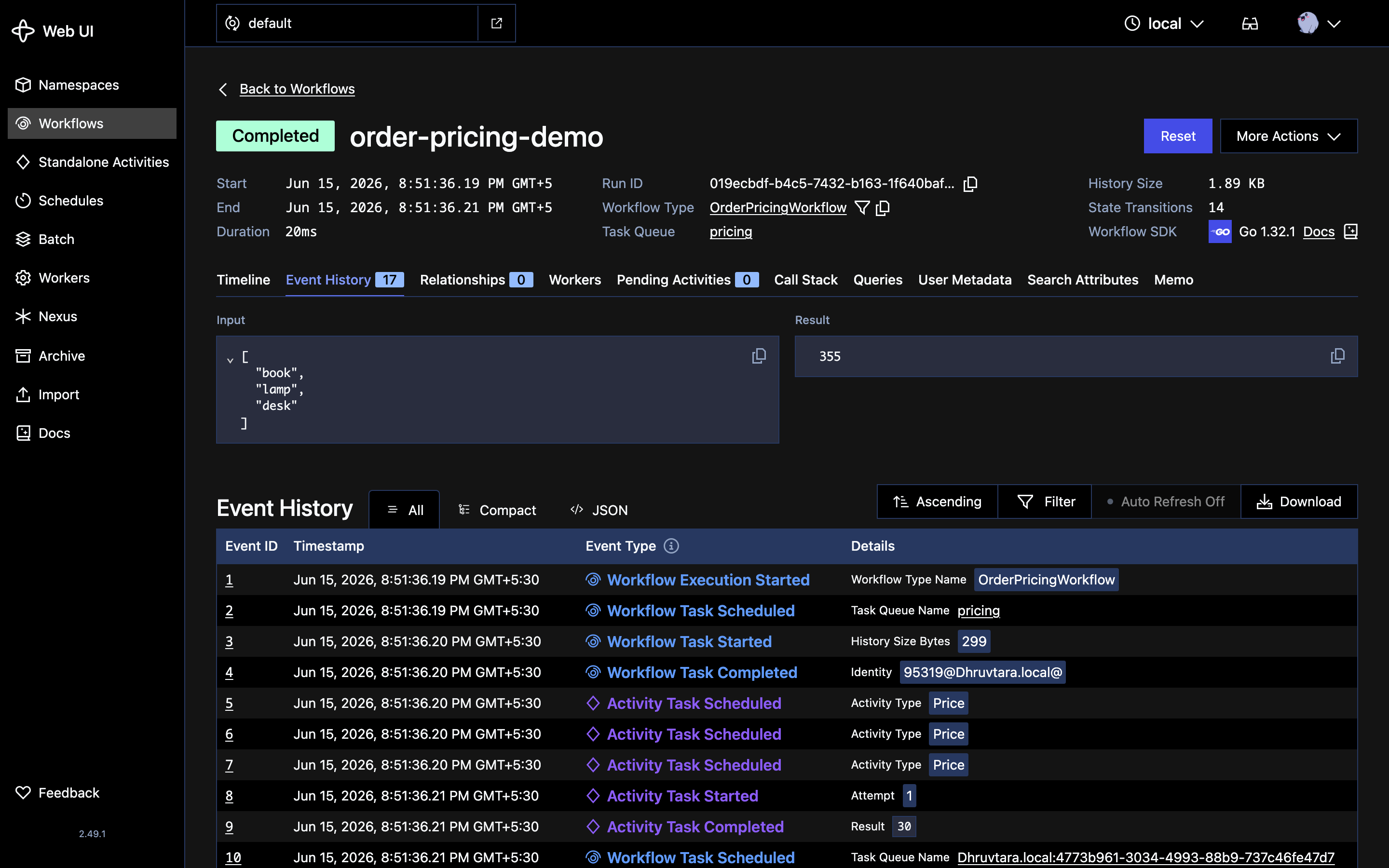 Event History for order-pricing-demo, ascending: after a single Workflow Task Completed at event 4, three consecutive Activity Task Scheduled events (5, 6, 7) — each for the Price activity — prove all three SKUs were priced in parallel