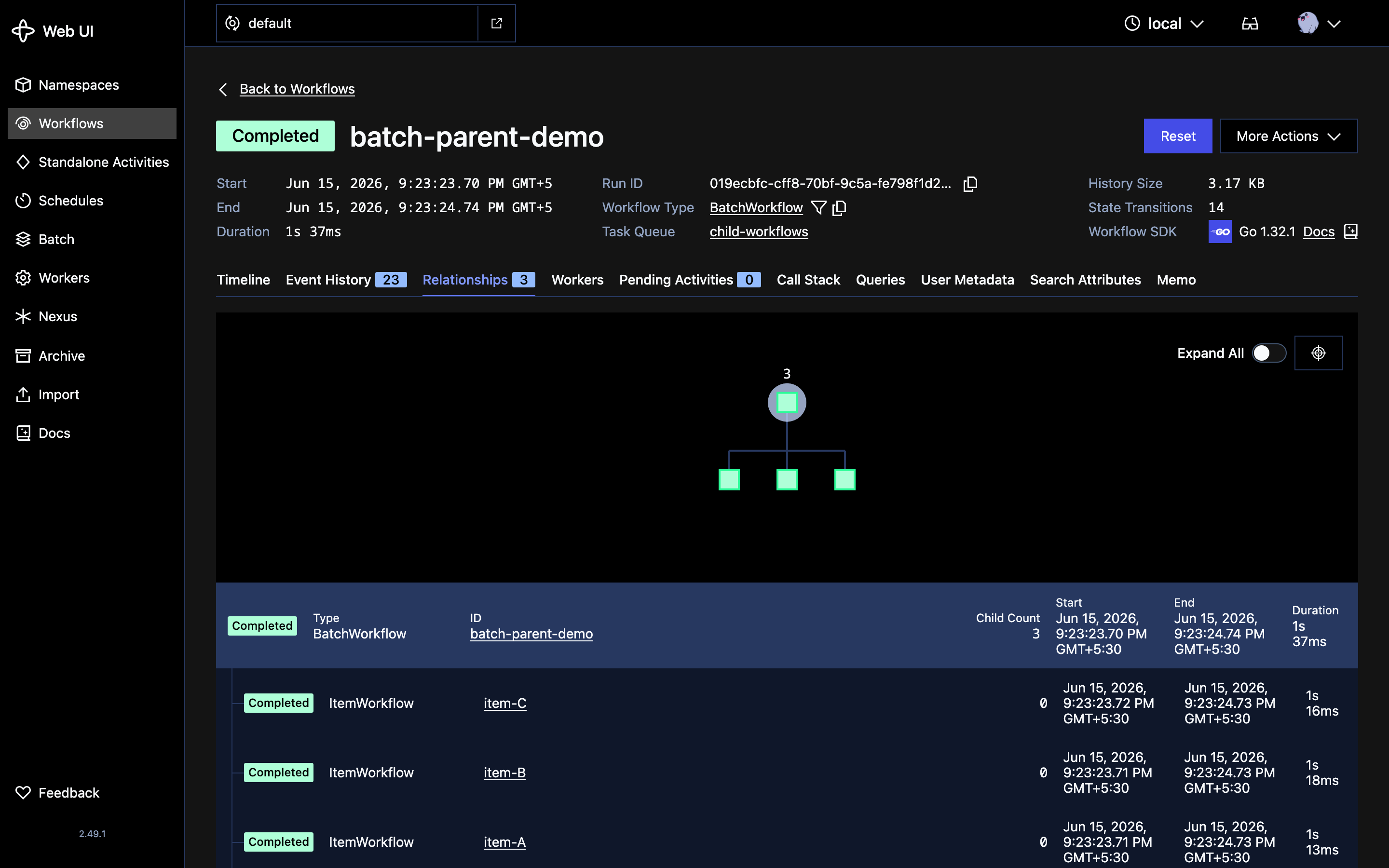Relationships tab for batch-parent-demo: a parent-over-three-children tree, and a table listing BatchWorkflow batch-parent-demo with Child Count 3, then three ItemWorkflow children item-A, item-B, item-C, each Completed with its own start, end and duration
