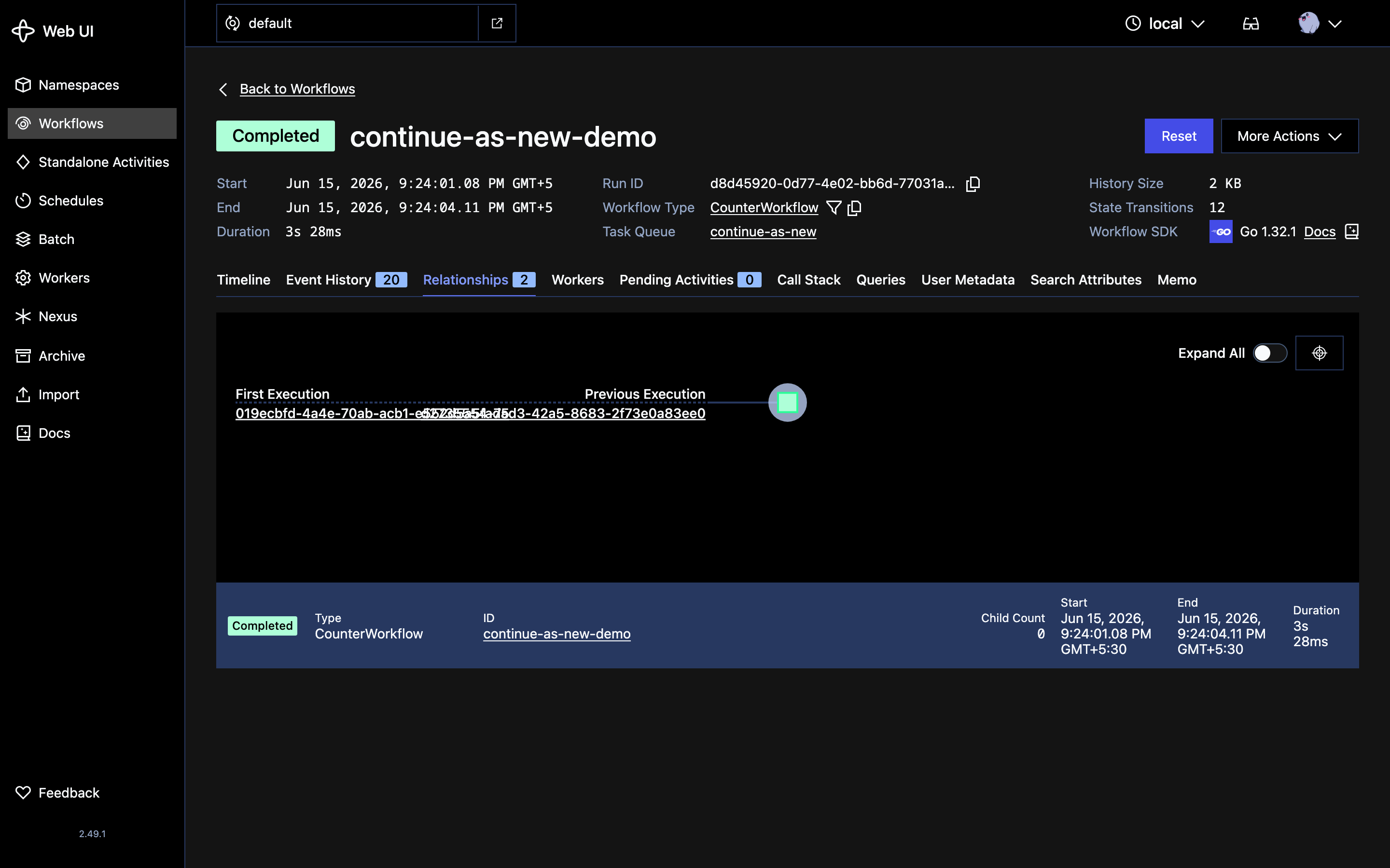 Relationships tab for continue-as-new-demo: a First Execution link and a Previous Execution link joined to the current run — one Workflow ID spanning multiple Runs chained by continue-as-new, each with its own small history