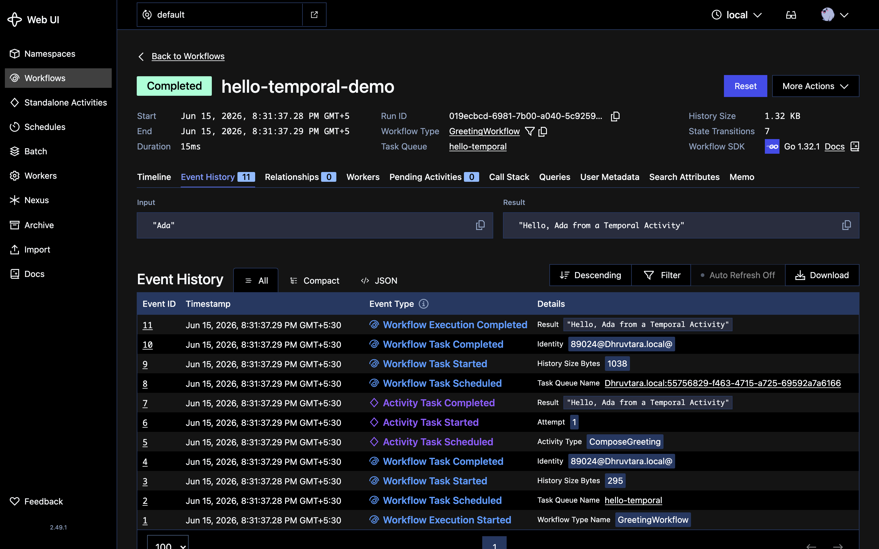 Temporal Web UI Event History tab for hello-temporal-demo: a summary header with Input "Ada" and the greeting Result, then the numbered event table running from WorkflowExecutionStarted up to WorkflowExecutionCompleted