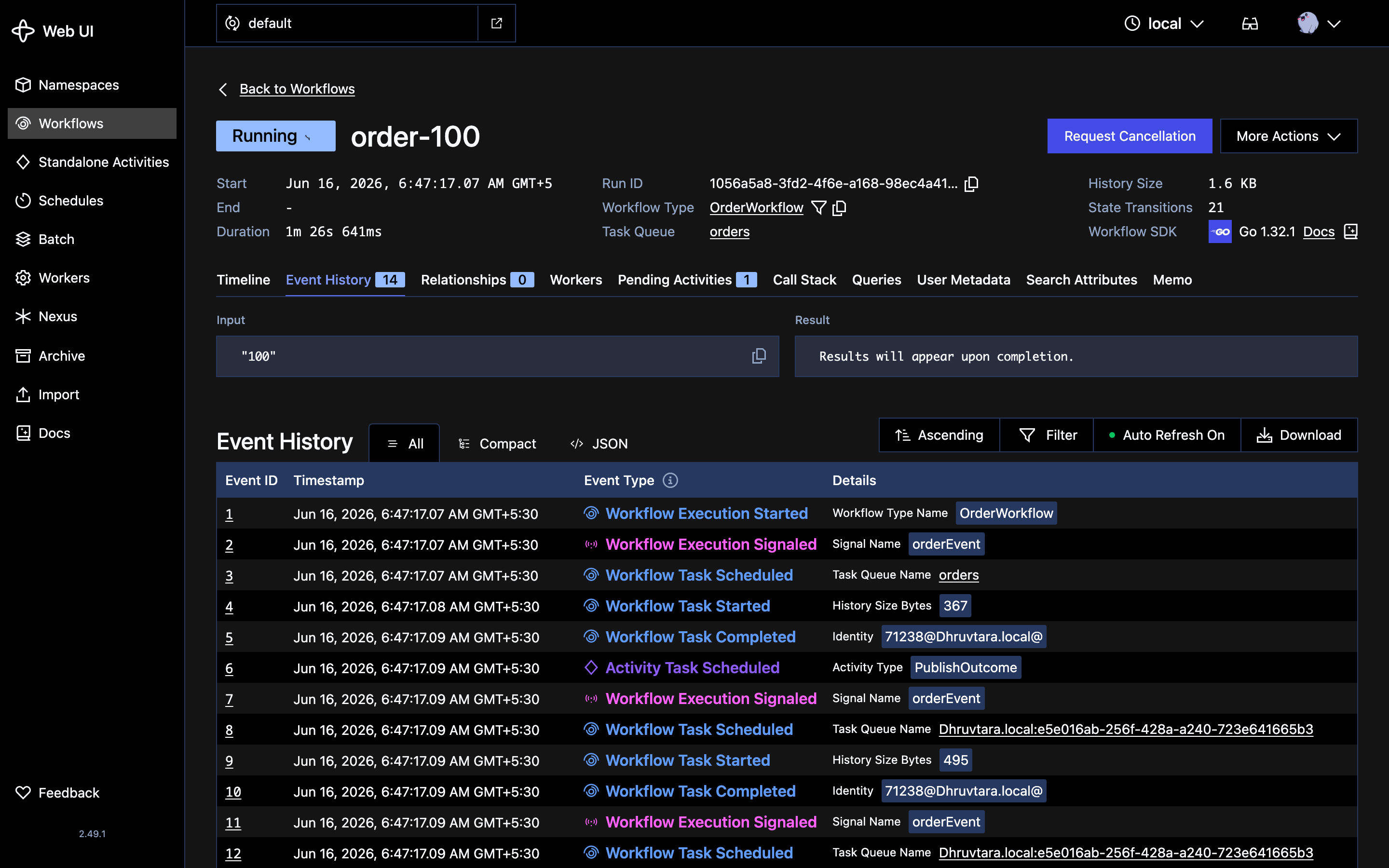 Event History for order-100 (one Workflow per order key): event 1 is WorkflowExecutionStarted and events 2, 7, 11 are WorkflowExecutionSignaled with signal name orderEvent — three Kafka messages for the same key produced one start and two signals, never a second Workflow