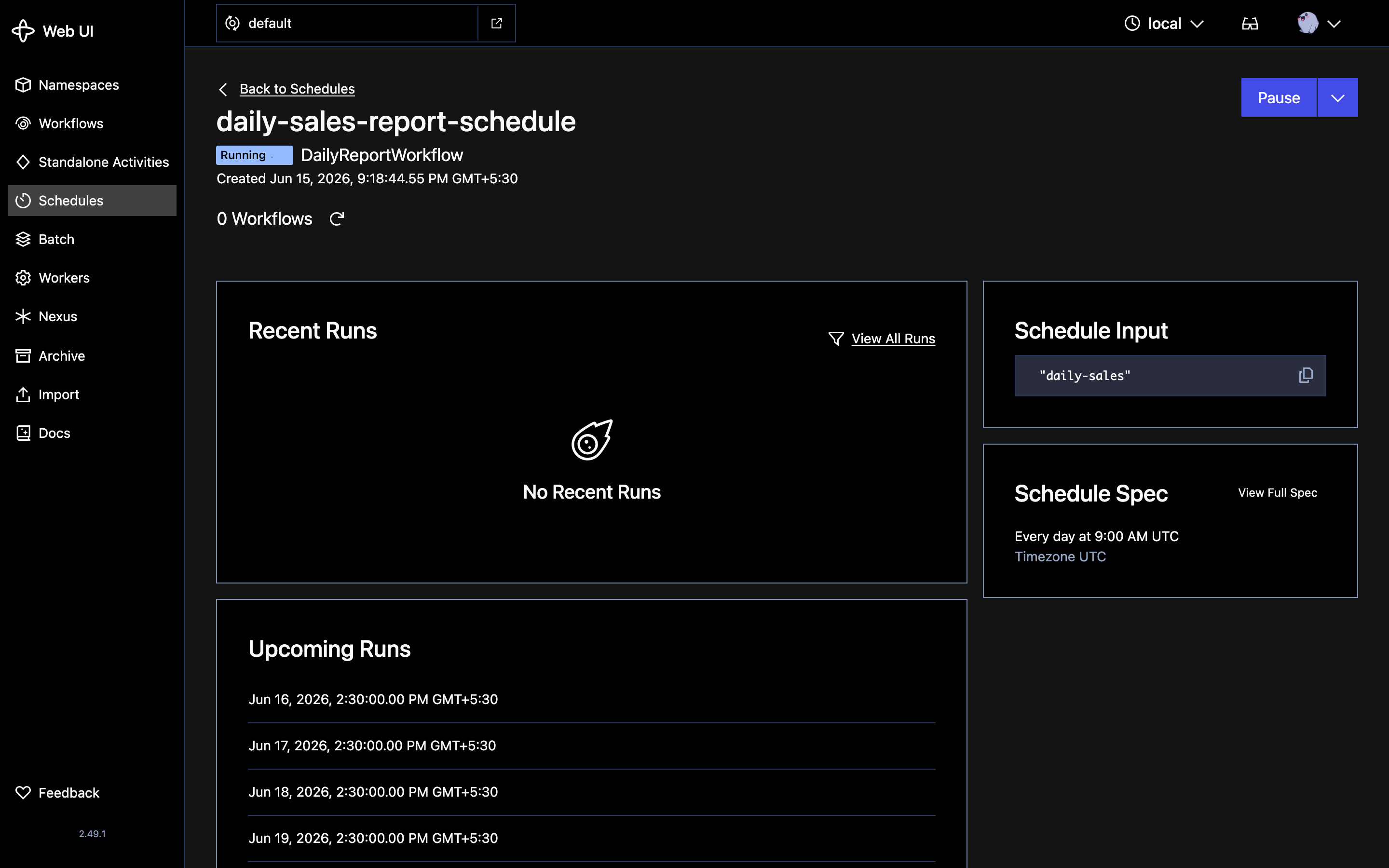 Temporal Web UI Schedule detail for daily-sales-report-schedule: status Running, target Workflow DailyReportWorkflow, a Recent Runs panel, Schedule Input "daily-sales", Schedule Spec "Every day at 9:00 AM UTC", and a list of upcoming run times