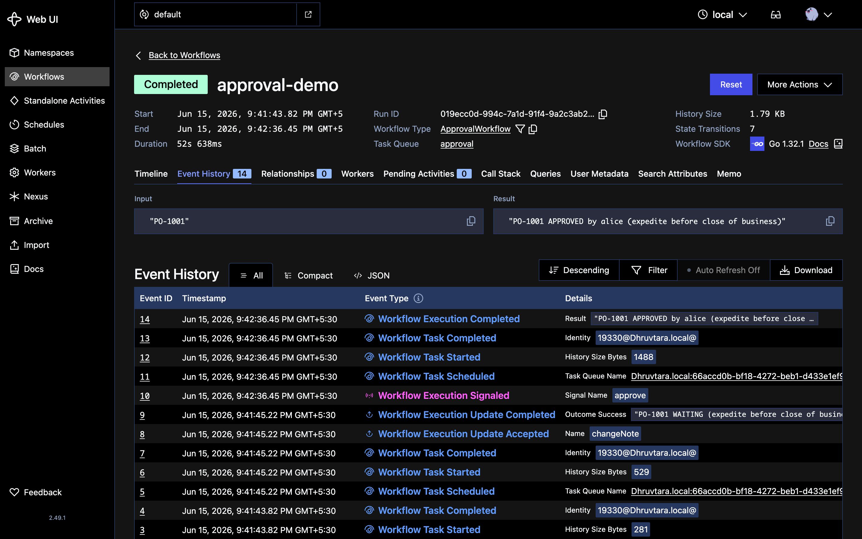 Event History for approval-demo (Completed, Result "PO-1001 APPROVED by alice (expedite before close of business)"): the table shows Workflow Execution Signaled for approve, plus Workflow Execution Update Accepted and Update Completed for changeNote — and no Query events
