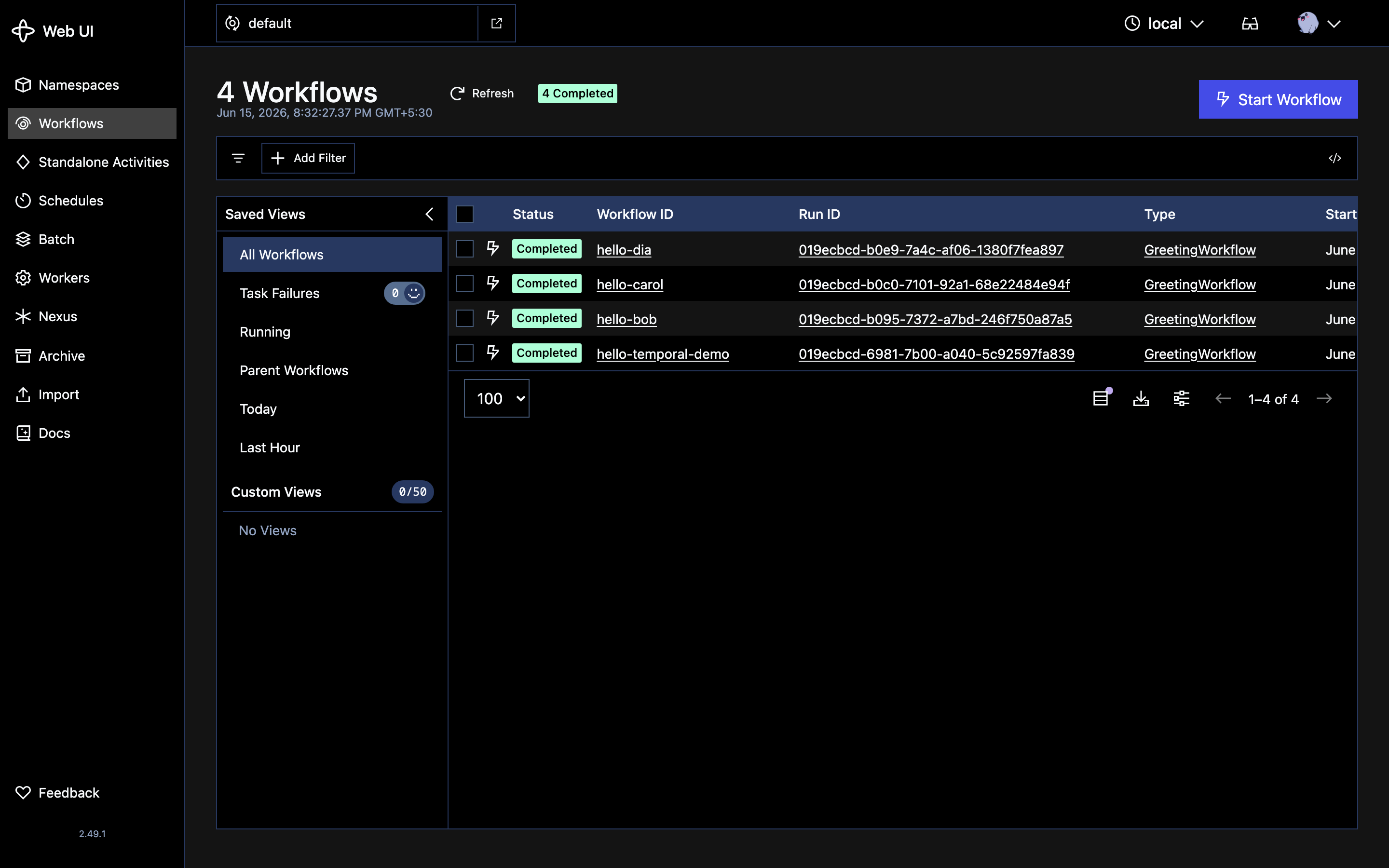 Temporal Web UI at localhost:8233 showing the Workflows list: four completed GreetingWorkflow executions with Status, Workflow ID, Run ID, and Type columns, plus the left navigation and a Start Workflow button